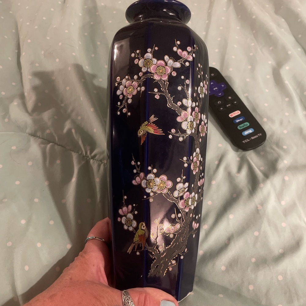 10” tall cobalt blue vase with cherry blossoms and birds and cloisonné gilt work
